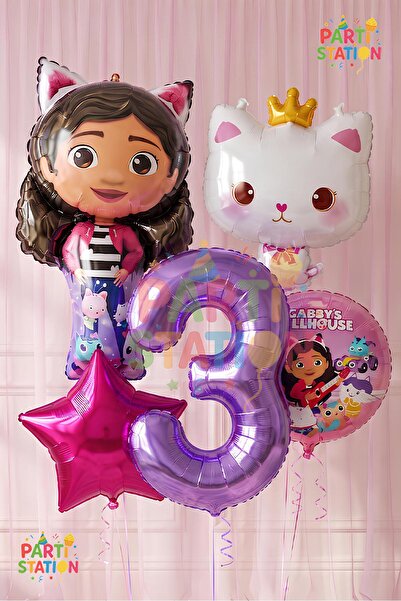 Parti Station Gabby Dollhouse Balloon Set 3 Years Old 5 Piece Gabby Cat Ballo...