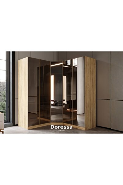 Doressa Living Bend Walnut 5 Kapılı Reflekte Camlı Köşe Gardırop