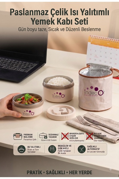 İndecor Houseware Isı Yalıtımlı Çantalı 2 Parça Vakumlu Lunch Box Yemek Termosu Beslenme Kutusu Sefer Tası