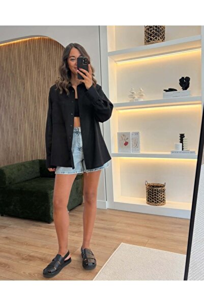 Myrum butik Leo Siyah Keten Dokulu Gömlek
