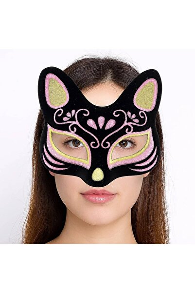 pınaxar Black Color Suede Coating with Yellow Pink Glitter Cat Mask 17X14 cm