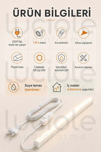 luciole 220V Günışığı LED Bar 100 cm Fişli Anahtarlı Yapışkanlı Tezgah Altı Dolap İçi Aydınlatma
