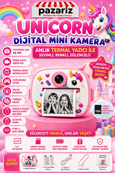 pazariz Çocuk Dijital Kamera Unicorn Sevimli At Temalı Termal Yazıcılı 2.4 İn...