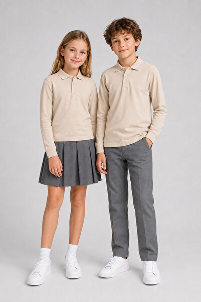 The Clover Girls & Boys Unisex Beige 100% Cotton Polo Collar Long Sleeve 2-Pi...