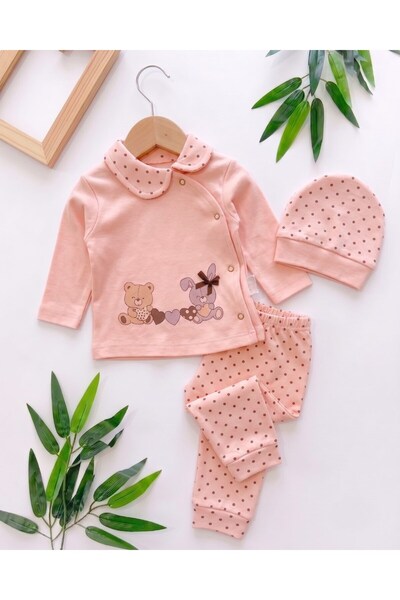 Ege Bebek Baby Girl Polka Dot Teddy Bear Printed Hat 3-Piece Newborn 0-3 Mont...