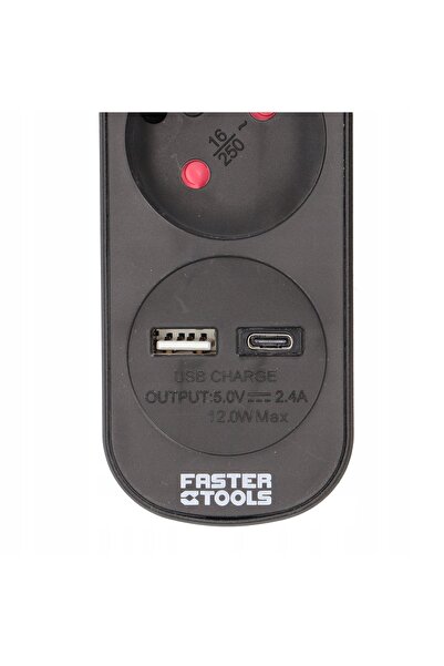 NO BRAND FASTER TOOLS prelungitor negru cu 3 prize 1,5m cu întrerupător USB-A...