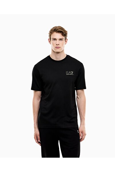 EA7 Erkek Normal Kalıp Yuvarlak Yakalı Logo Basklı Kısa Kollu Siyah T-Shirt