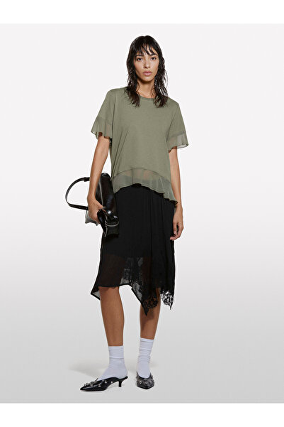 Sisley Kadın Haki Yeşili %100 Pamuk Pile Eklemeli Boxy Fit T-Shirt
