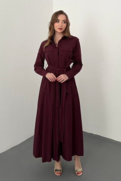 SEREMONİ BUTİK Burgundy Buttoned Poplin Dress