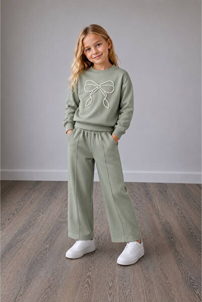 YİGİT BUTİK Girl's Pearl Bow Detailed Sweatshirt and Wide-Leg Pants Set