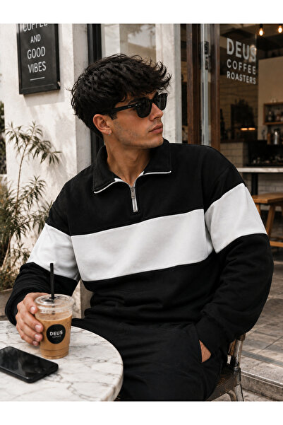 FAVORİST Men's Mid-Length Single-Piece Half-Zip Polo Collar Sweatshirt 100% C...