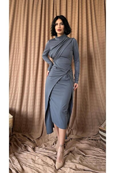 Elbee Fashion Woman Gray Front Spliced Detail Dress