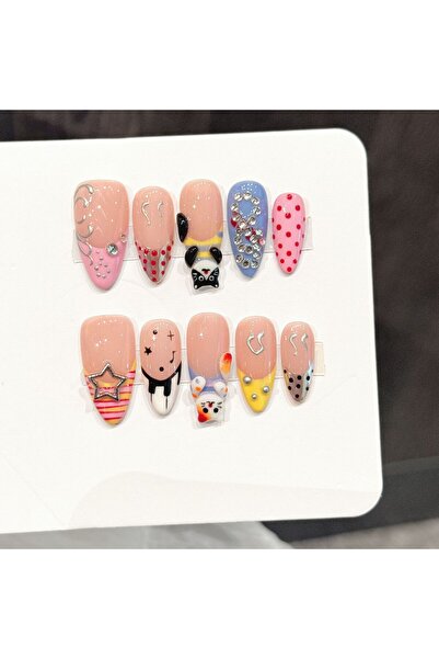 choice2 K78-XS 10PCS Almond Handmade Press On Nails,Hand-Painted Embossed Flo...