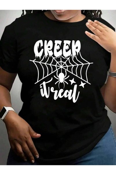 4CR تي شيرت نسائي بطبعة عنكبوت من Creep It Real للنساء باللون الأسود للهالوين