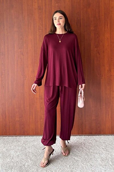 Ceylan Otantik Burgundy Viscose Basic Bodysuit & Burgundy Ring Viscose Shalwa...