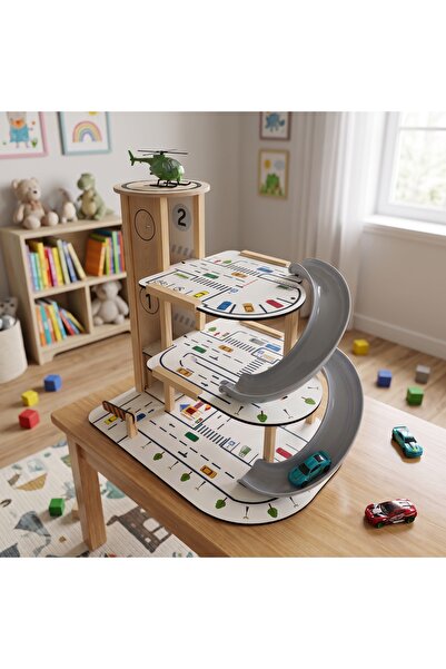 Toysilla Ahşap 3 Katlı Asansörlü ve Kaydıraklı Çocuk Oyun Otopark Garajı - T3035