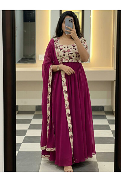 MYSMAR Maroon Kalamkari Style Faux Georgette Traditional Outfit - FFT8147 | M...