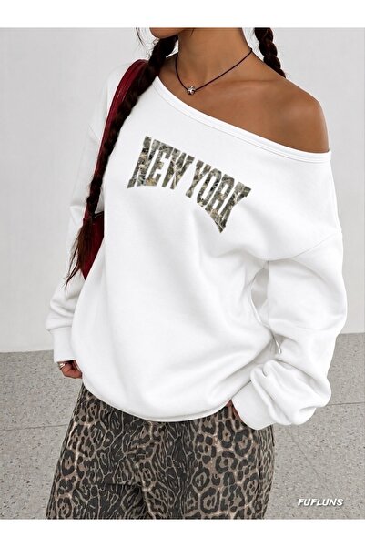 FUFLUNS New York Printed Oversized Women's Boat Neck Sweatshirt