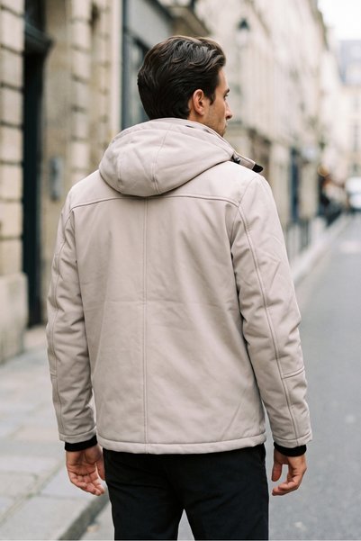 Mero Life Outdoor Hooded Water and Windproof Stone Color Softshell Coat with Fur Inside and Fiber Filling