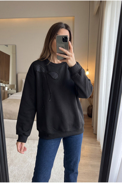 FEMELLE Black 100% Cotton Bead Embroidered Sweatshirt with Ribbon Pattern