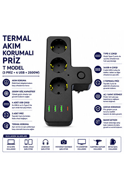 AŞIK STORE Termal Akım Korumalı Priz T Model 3 Priz 4 USB Type-C 2500W Toprak...
