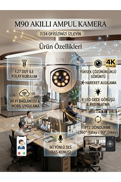 M90 360° Dönebilen Akıllı Ampul Kamera | Kablosuz Wi-Fi, Gece Görüşlü, Çift Y...