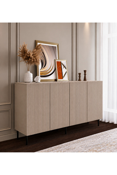 KON160 160 cm Modern Konsol – 4 Kapaklı Membran Kapak – Çizgili Tasarım – Siyah Ayaklı – Geniş Depolama Alanlı