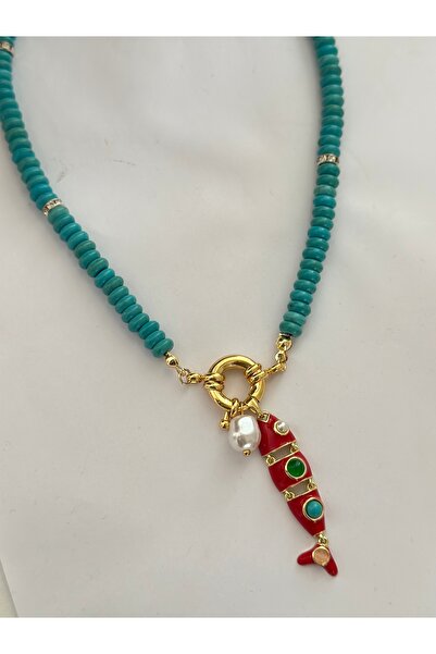 mibrillo Turquoise Bead Necklace Sailor Lock Red Fish Charm Necklace Lucky Ne...