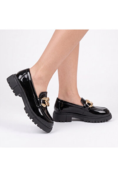 Adım Dünyası Girl's Loafer Shoes with Gold Chain Detail, Stylish, Classic, fo...