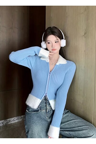 Elysira Women's Polo Collar Beard Blend Double Zipper Slim Basic Knitwear Car...