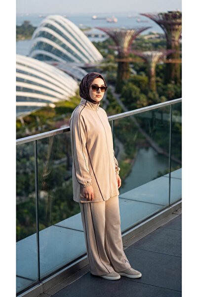 MİMİ Luxury Wear Women's Hijab Tracksuit Set with Zipper, High Collar, Stripe...