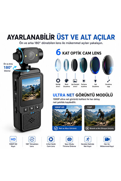 AL-TECH BİLİŞİM 4K Mini Gimbal Kamera | 180° Dönebilen Lens | 1080P HD Kayıt | Titreşim Önleme | Taşınabilir Spor ve Vlog Kamerası