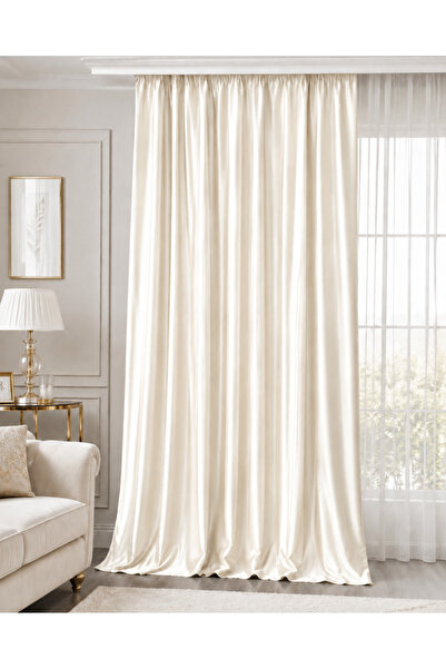 SHY TEKSTİL Cream Satin Single Wing Cornice Curtain, Soft Textured Living Roo...