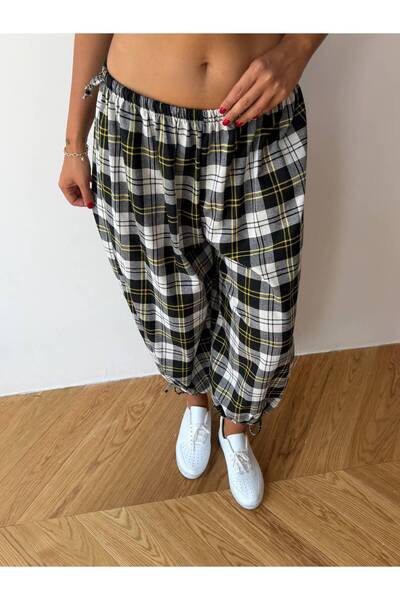 NEW JOURNAL Women's Black Lace-Up Plaid Patterned Premium Shalwar Trousers Fr...