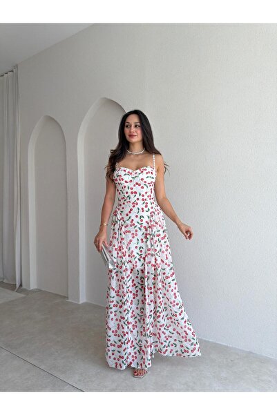Mooi Butik PAPİLLA Desenli Maxi Elbise 1503 - Beyaz