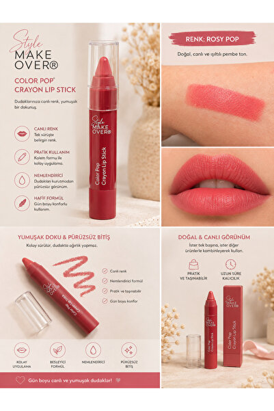 New Well NEWWELL STUDIO MAKE OVER Color Pop Crayon Lip Stick Kırmızı Pembe To...
