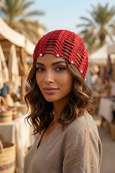 GRI MOR TEKSTIL 100% Hand Knitted Pearl Bead Detailed Mesh Beanie