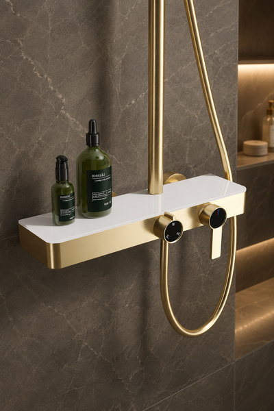 KUSTAR Gold Altın Duş Sistemi Batarya Dahil Tepe Duşlu El Duşlu Raflı Banyo Duş Seti