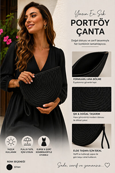 Trend Mixs Women's Straw Portfolio Summer Handmade Look Zippered Clutch Bag