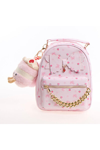 Pembe Çilek Desenli Fiyonklu ve Peluş Aksesuarlı Sırt Çantası - Tatlı / Coquette Tarzı 25x18cm