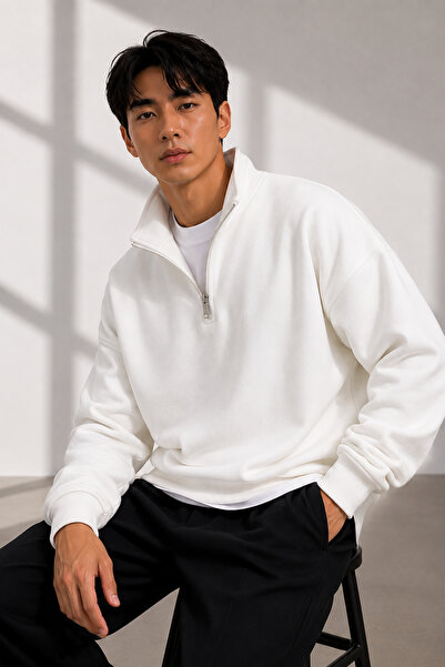 beuivo Unisex Yarım Fermuarlı Dik Yaka %100 Pamuklu Yumuşak Dokulu Sweatshirt...