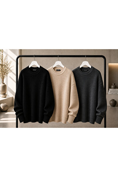 DepoExport Women's 3-Piece Crew Neck Oversize Knitwear Sweater Soft Knitted S...