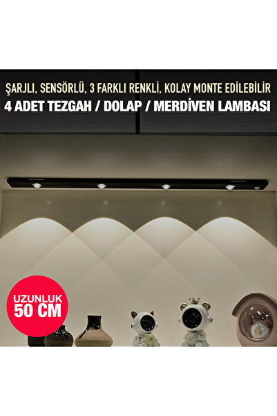 UpWay 50 cm Şarjlı Sensörlü LED Işık Bar – 3 Renk Mercekli Tezgah Dolap Merdiven Lambası