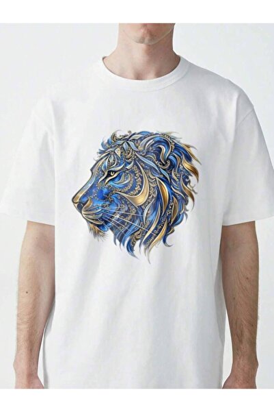 kai22 Graphic T-Shirt Men Ornate Lion Head Print, Casual Short Sleeve Crew Ne...