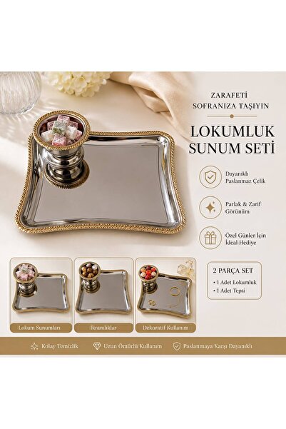 Genel Markalar Başak Desenli Gümüş Çerçeveli Paslanmaz Çelik Tepsi Ve Lokumlu...
