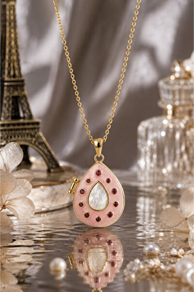 Sylvera Shop Secret Drop Pink and White Covered Medallion Steel Necklace (Gol...