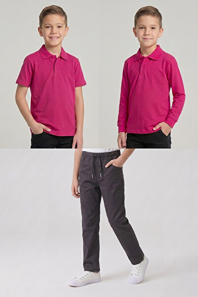 nacar çarşı Boys' School Fuchsia Long and Short Sleeve Polo Collar T-Shirt Sm...