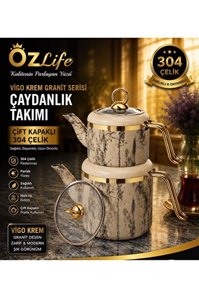 Genel Markalar Aile Boyu Vigo Krem Granit Desenli Çift Kapaklı 304 Çelik Çayd...