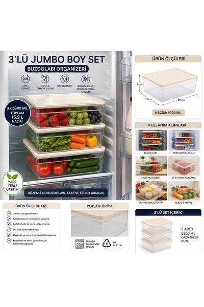 OLİAHOME 3’lü Mega Boy Buzdolabı Organizeri 5300 ML Kapaklı İstiflenebilir Şe...