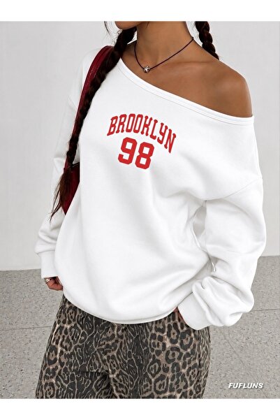 FUFLUNS Brooklyn 98 Printed Oversized Women's Boat Neck Sweatshirt